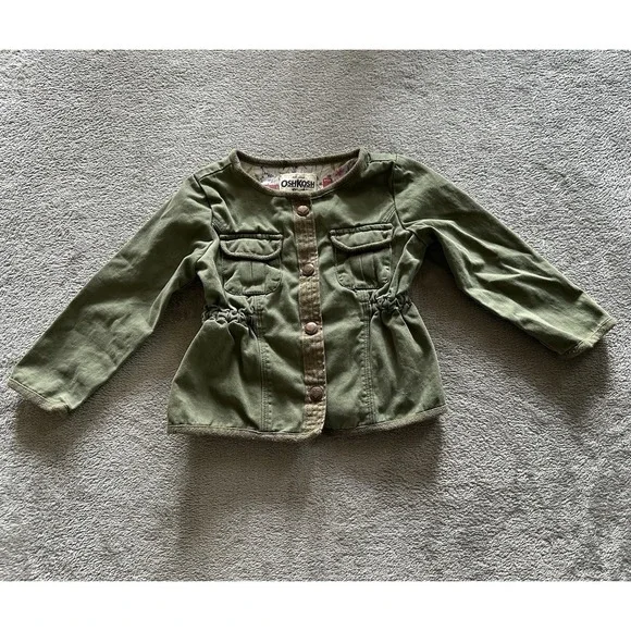 OshKosh B'gosh Jacket Baby Girl 3T Long Sleeve Green Button 100% Cotton Military - Picture 1 of 6